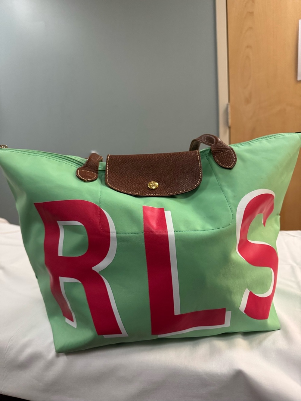 Longchamp Green Tote with Pink Lettering and Brown Trim